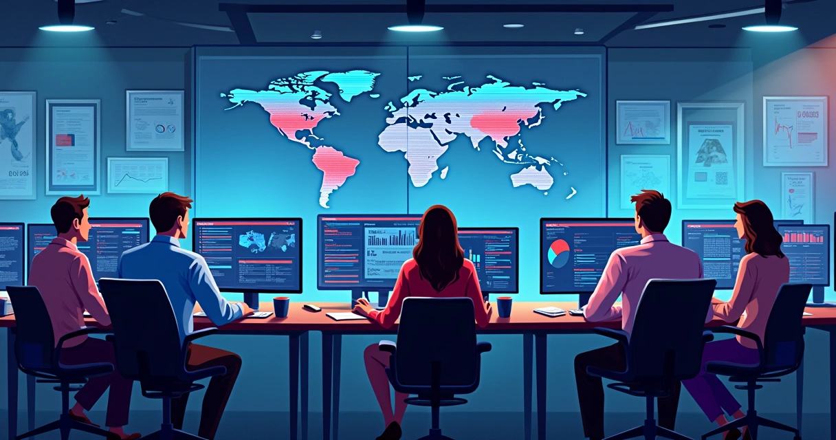 Equipe eleitoral analisando gráficos de campanha em computadores 