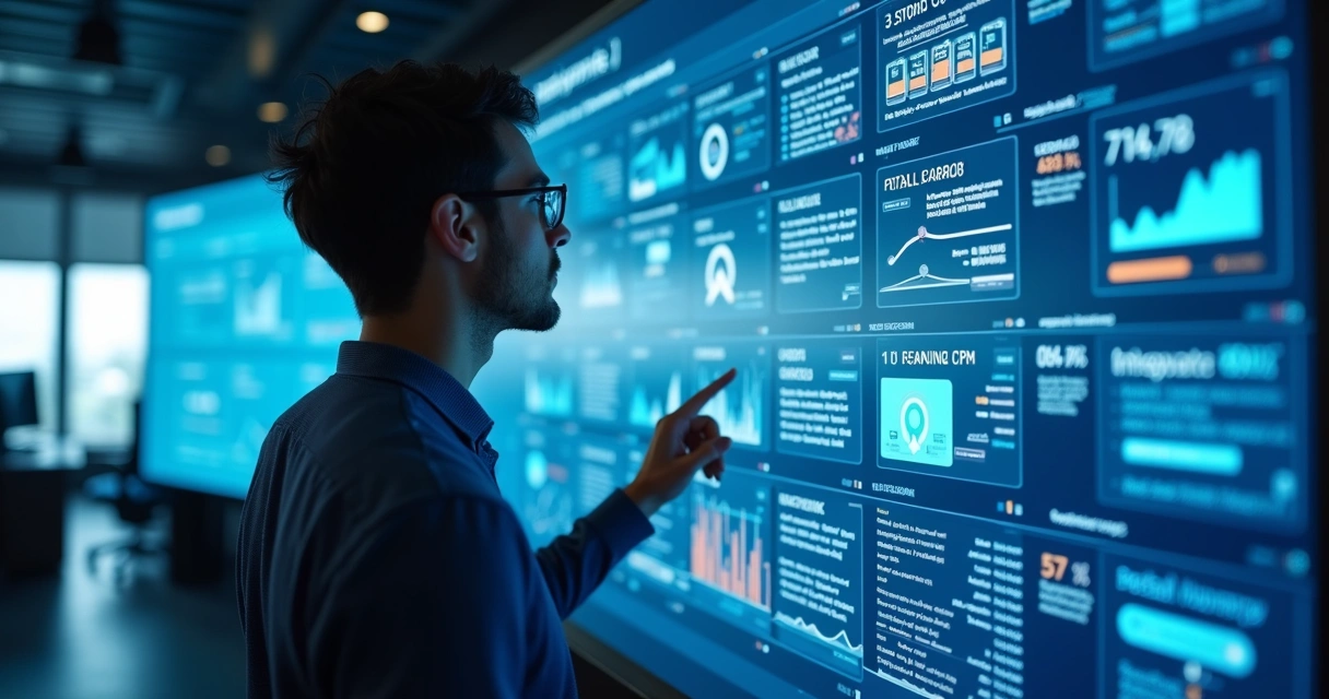 Profissional analisa painel de dados de leads em monitor gigante