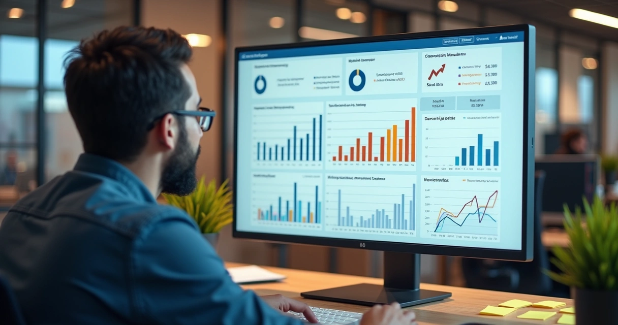 Profissional analisando gráficos digitais em tela grande 