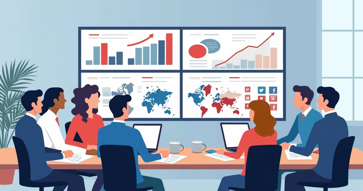 Equipe analisando gráficos e dados em telas grandes durante uma reunião de campanha 