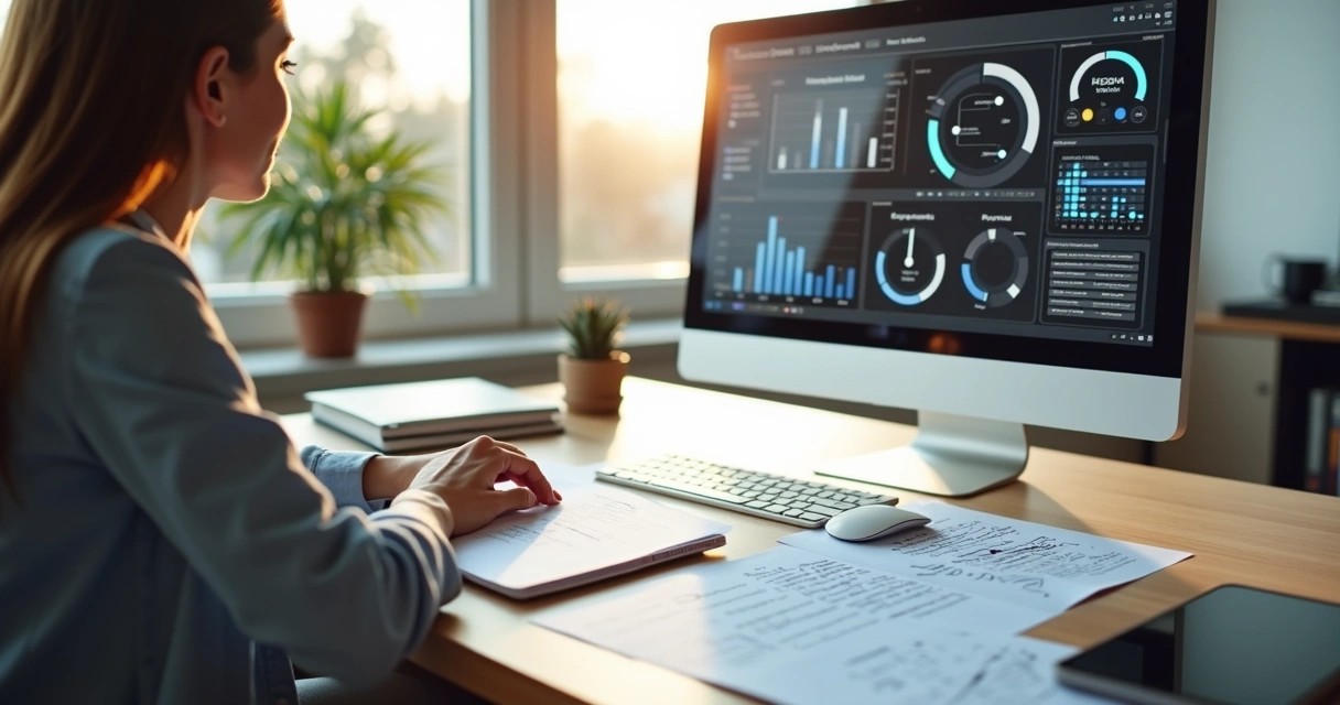 Profissional analisando gráficos de resultados de vídeos institucionais