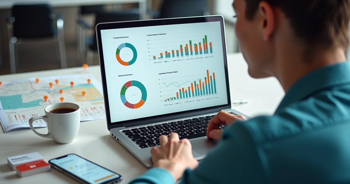 Pessoa avaliando dados em notebook sobre anúncios de negócios locais 