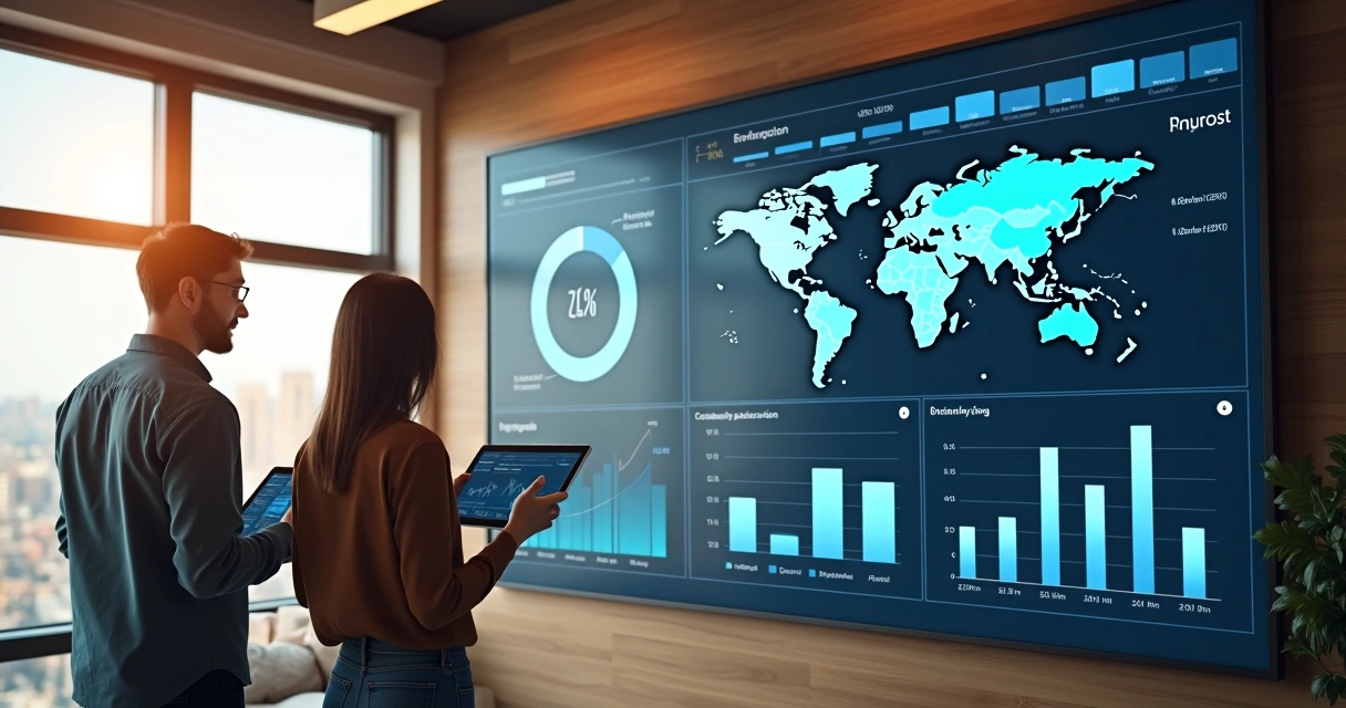 Painel exibindo gráficos e mapas com dados de campanhas de móveis 
