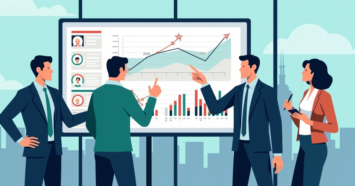 Equipe analisando gráficos de tendência política em tela digital 