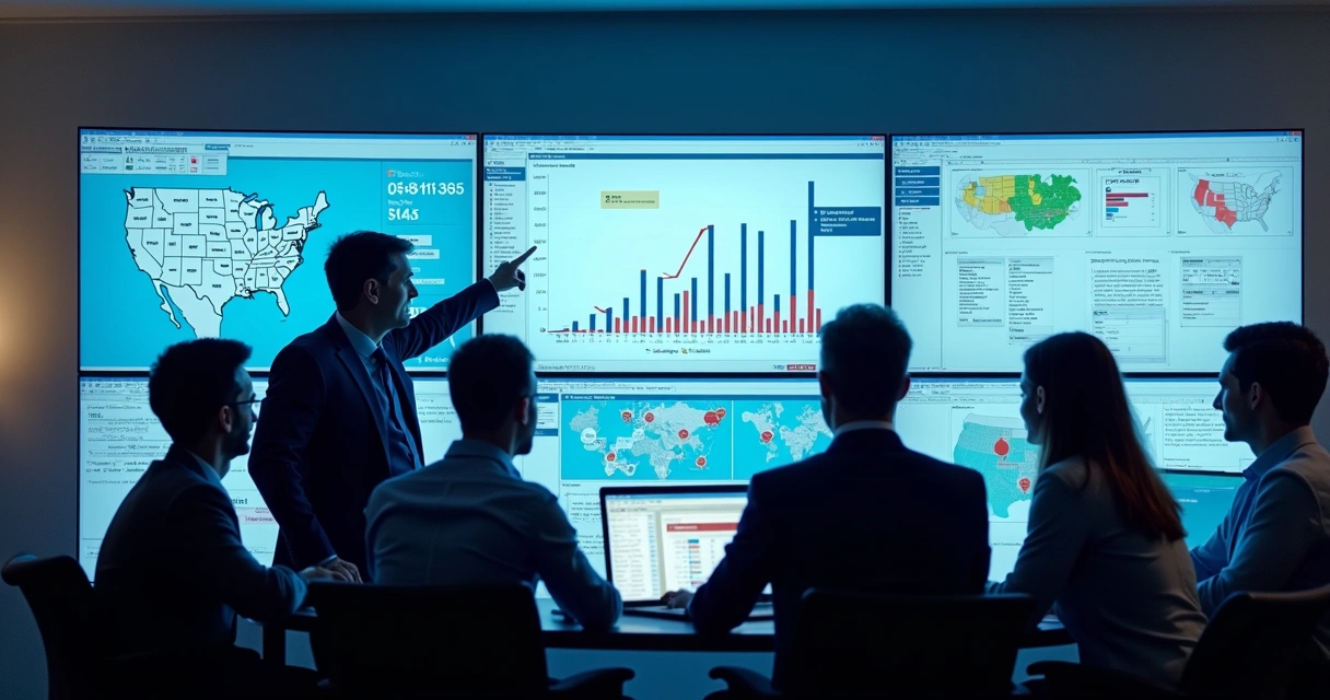 Equipe analisando dados políticos em computadores, gráficos e mapas