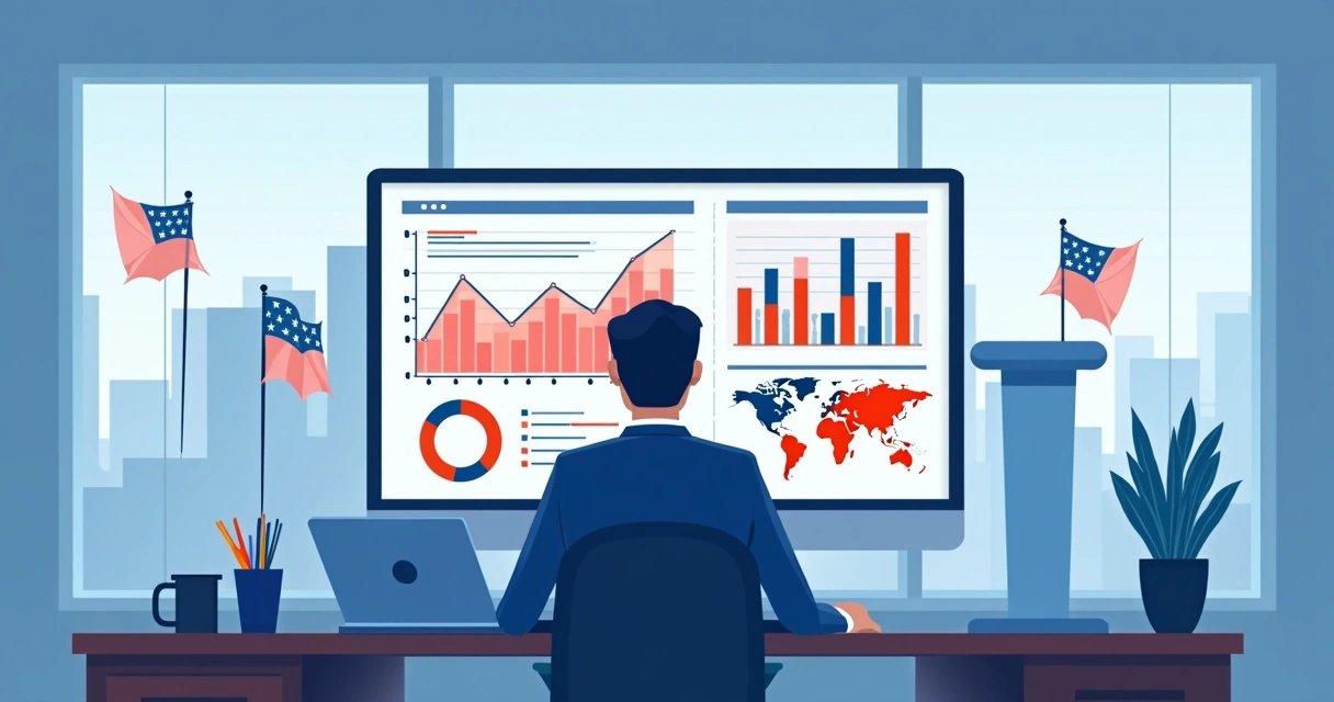 Profissional analisando gráficos de dados em tela de computador com cenário político ao fundo
