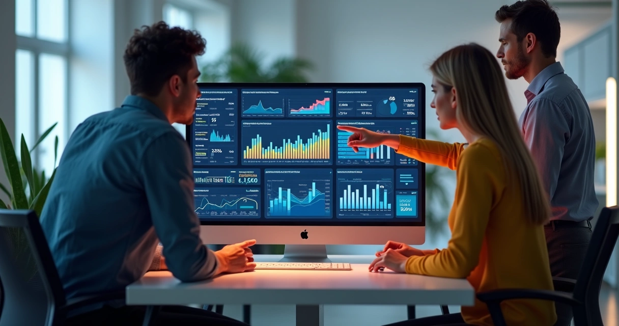 Computador exibindo gráficos detalhados de desempenho de campanhas digitais com equipe analisando dados 