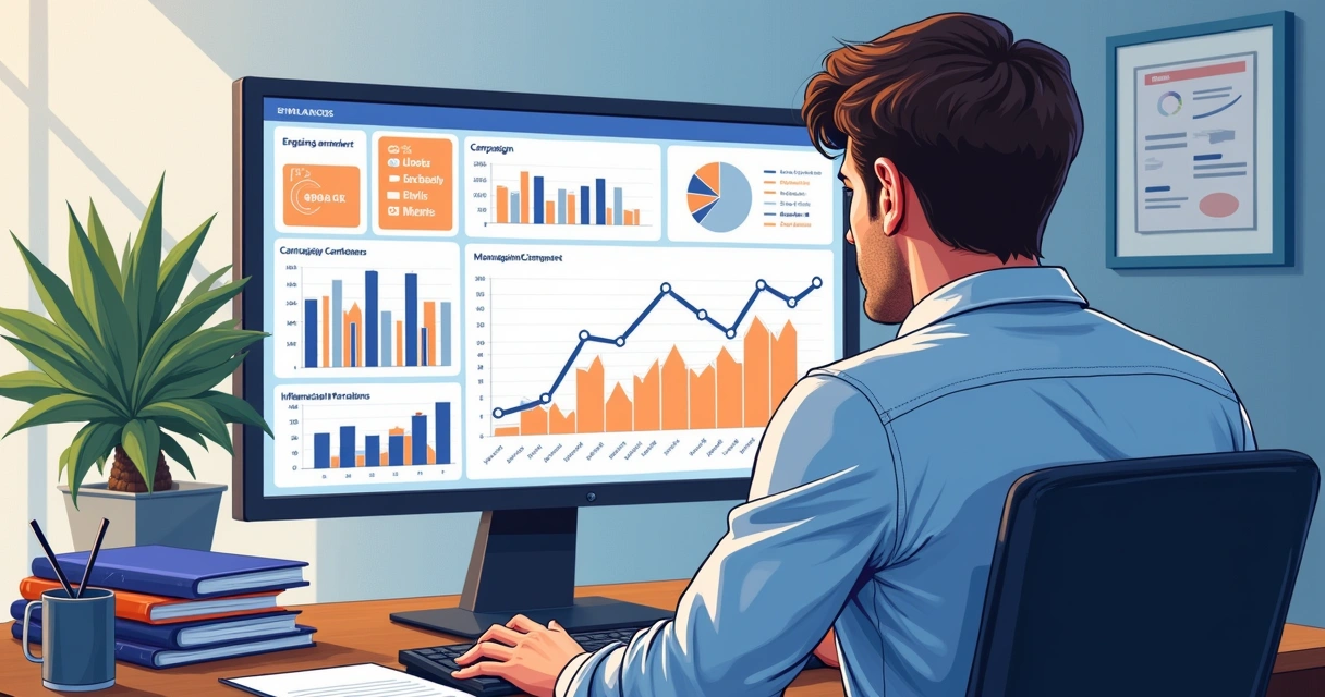 Profissional analisando dados de campanha de influenciadores em tela 