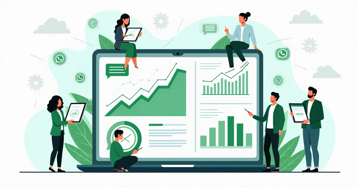 Dashboards de dados e ícones do WhatsApp em ilustração corporativa 