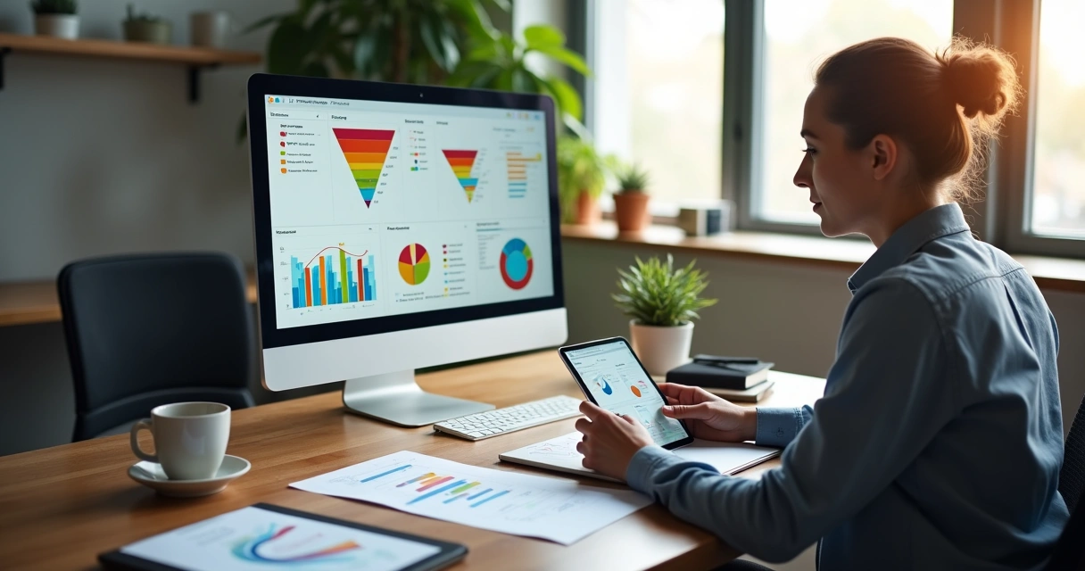 Pessoa analisando gráficos de aquisição de clientes na tela do computador 