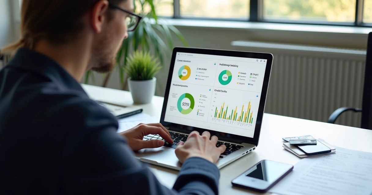 Pessoa analisando dados financeiros em laptop com gráficos e cartões de crédito na mesa 