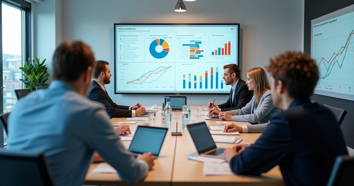 Equipe analisando gráfico de evolução após enriquecimento de base de dados com múltiplas fontes 