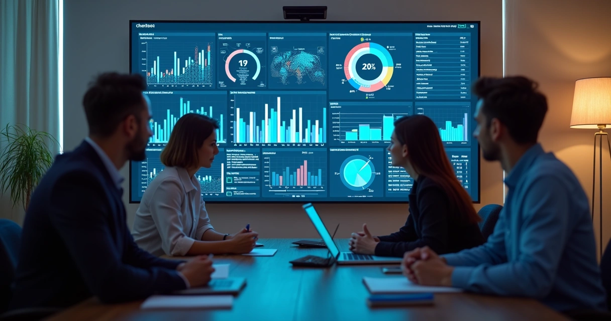 Equipe analisando gráficos de chatbot em tela de computador 