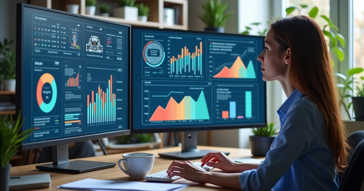 Profissional analisando gráficos digitais ao lado de uma tela com respostas do ChatGPT 