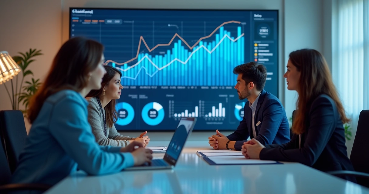 Equipe analisando gráficos de dados em tela com ChatGPT ao fundo 