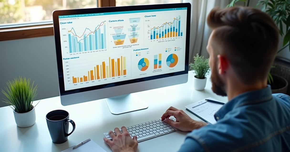 Pessoa analisando gráficos de churn em tela de computador moderno 