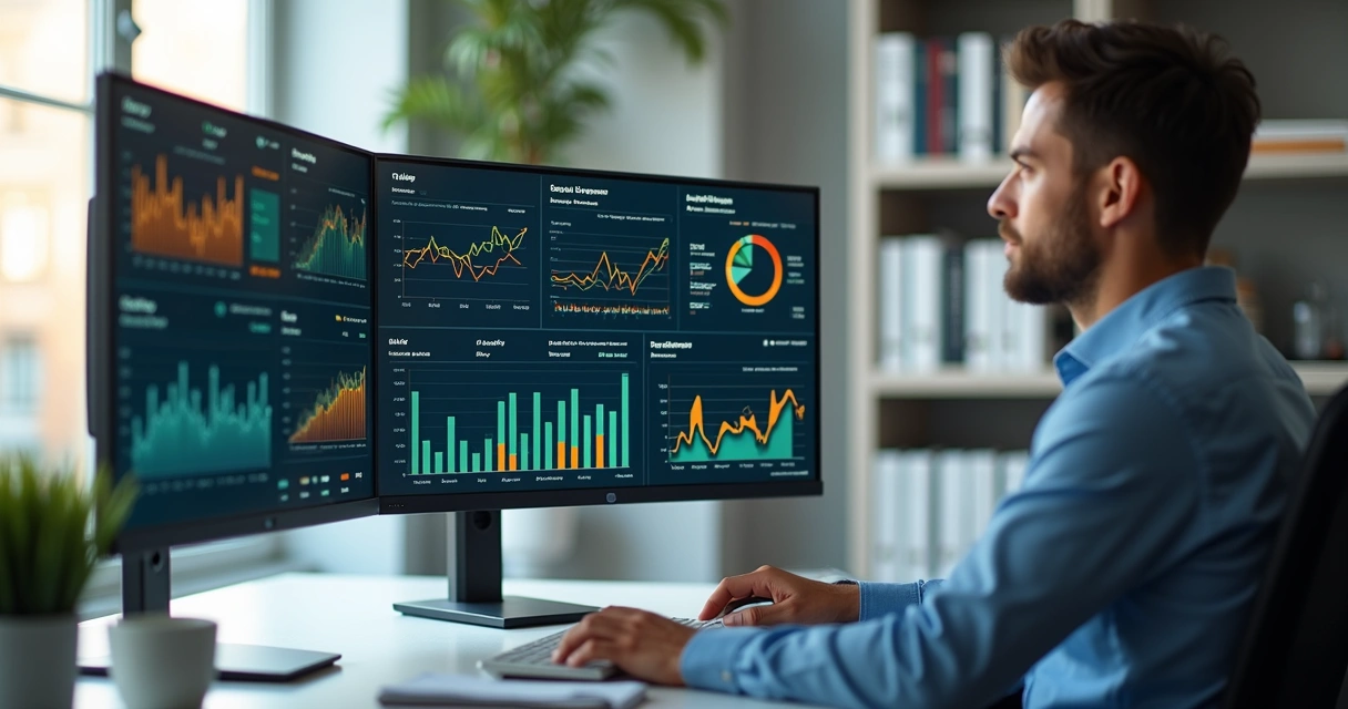 Profissional analisando dados de churn em SaaS em múltiplas telas com gráficos coloridos e indicadores de desempenho 