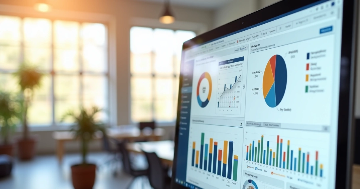 Tela de computador com gráficos de análise e painel de CRM aberto 