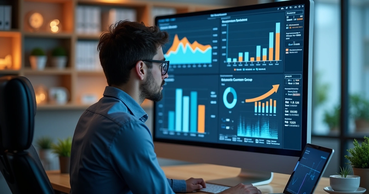 Dashboard colorido mostrando análises de comportamento do cliente e gráficos de RFV 