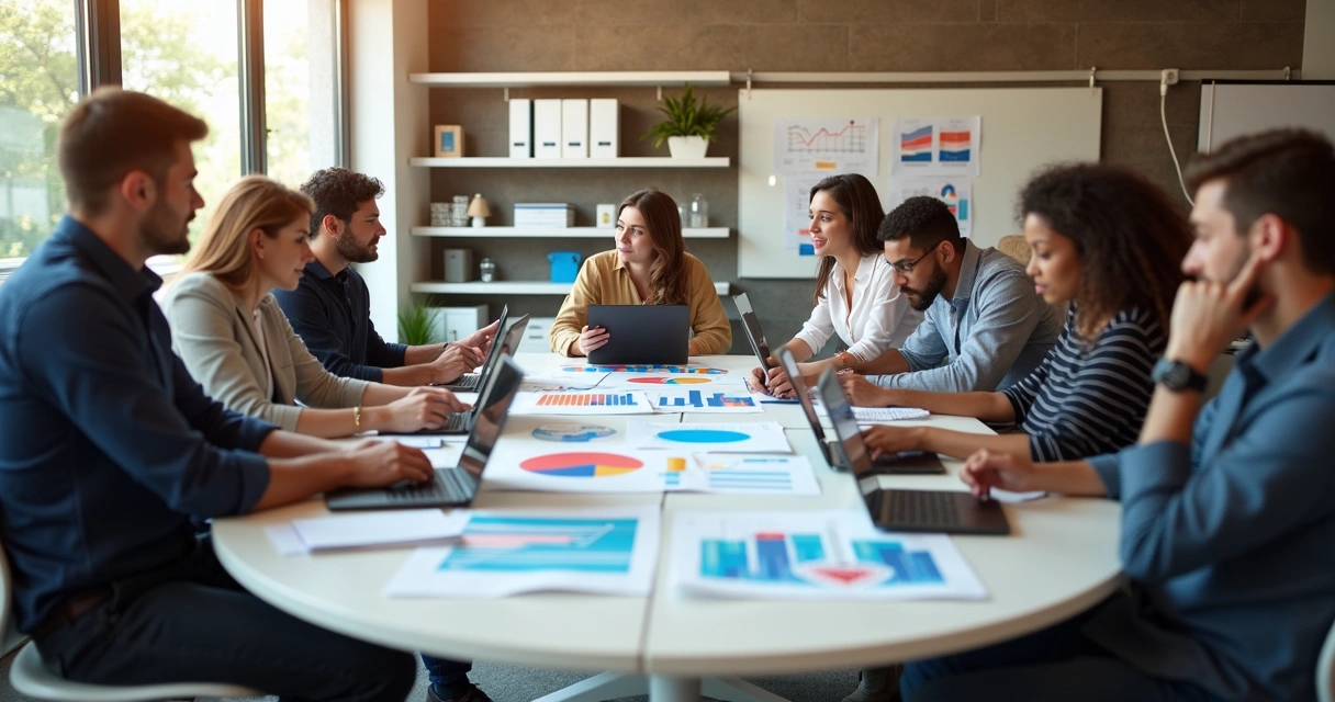 Equipe de marketing analisando gráficos de clientes em mesa de reunião 