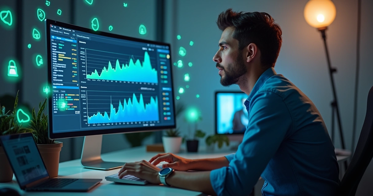 Gestor observando gráficos de cobrança em tela de computador 