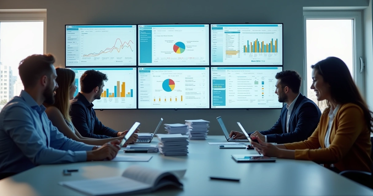 Equipe analisando dados de colaboradores no computador 