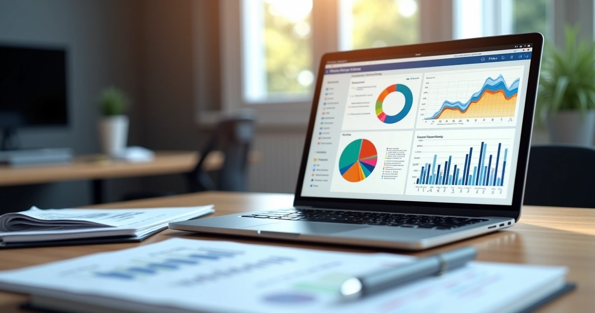 Mesa de trabalho com laptop aberto mostrando gráficos de análise de dados comerciais, documentos organizados e caneta sobre a mesa 