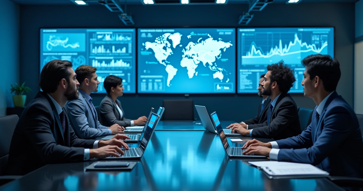 Equipe reunida analisando dados em computadores