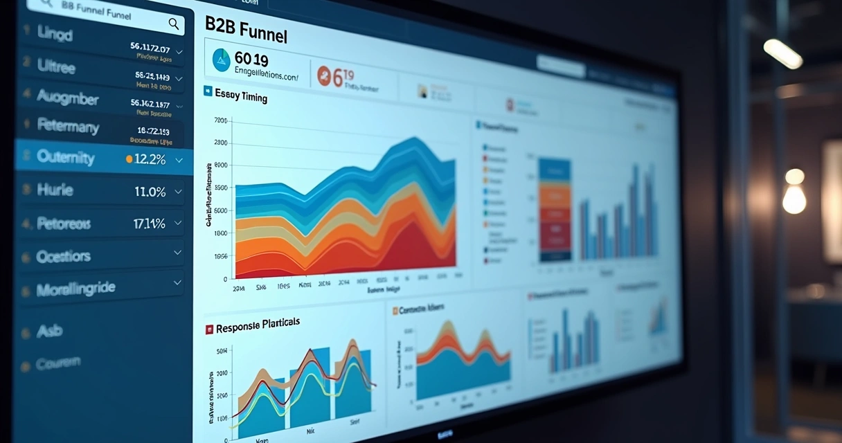 Relatório digital mostrando dados de funil de vendas B2B com gráficos de comportamento