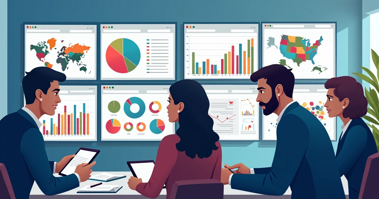 Equipe analisa dados eleitorais em dashboards com gráficos e mapas