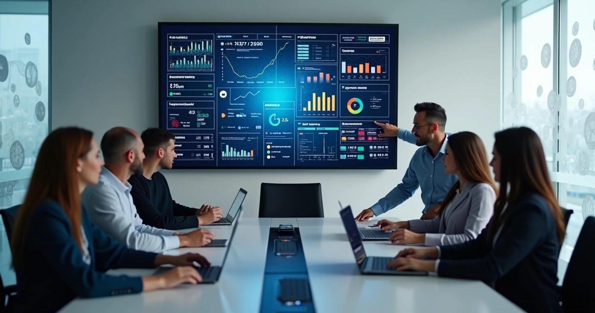 Mesa de reunião em concessionária exibindo gráficos de vendas e análise de IA 