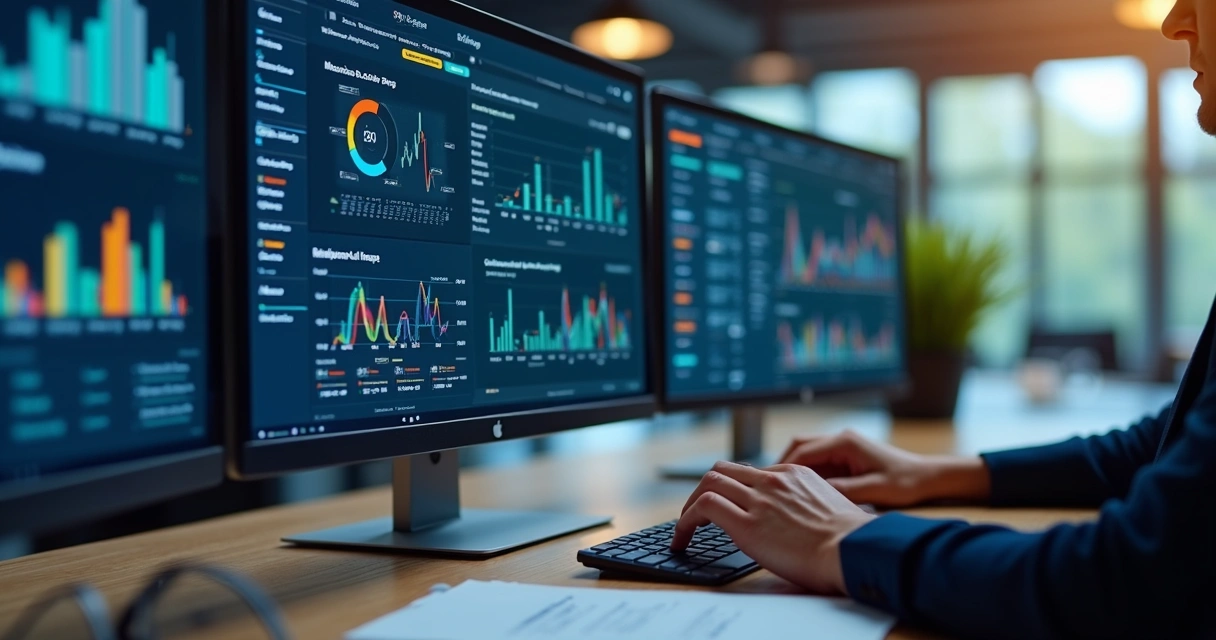 Dashboard digital mostrando gráficos de vendas e análise de concorrentes 