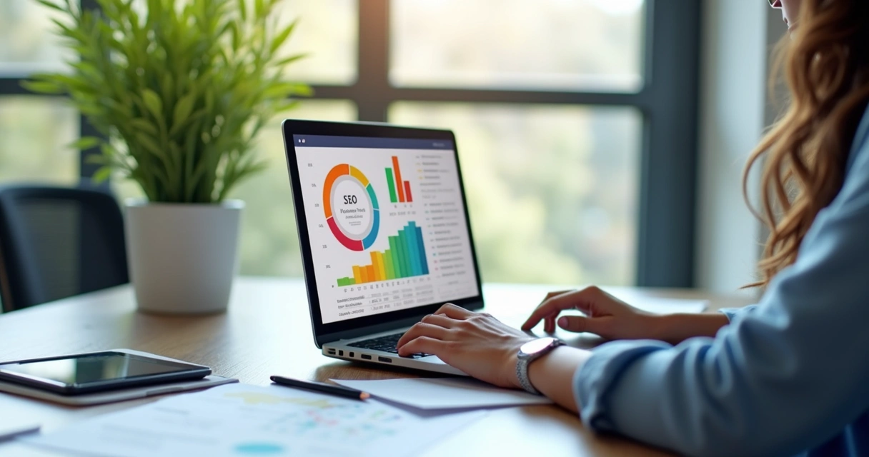 Pessoa analisando gráficos de dados em notebook, gráficos coloridos exibidos na tela. 