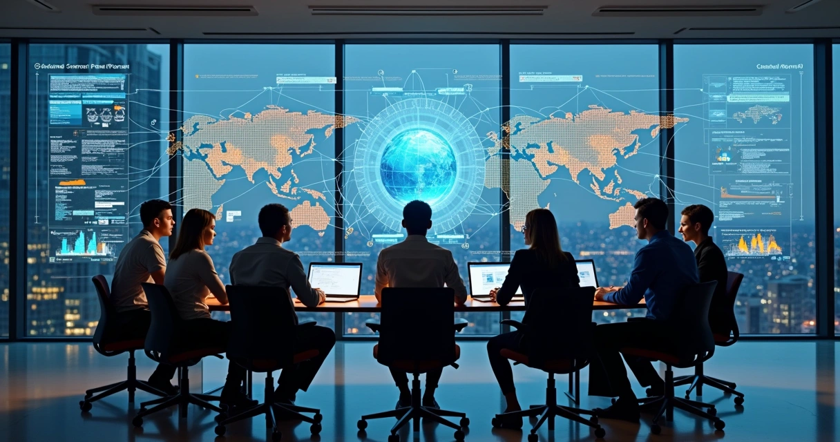 Colaboradores analisando conexões de dados em telas digitais 