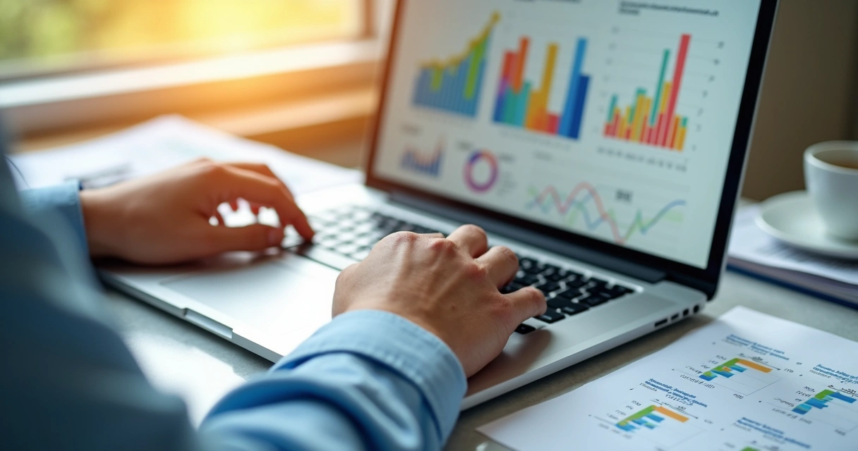 Consultor analisando gráficos e dados em notebook 