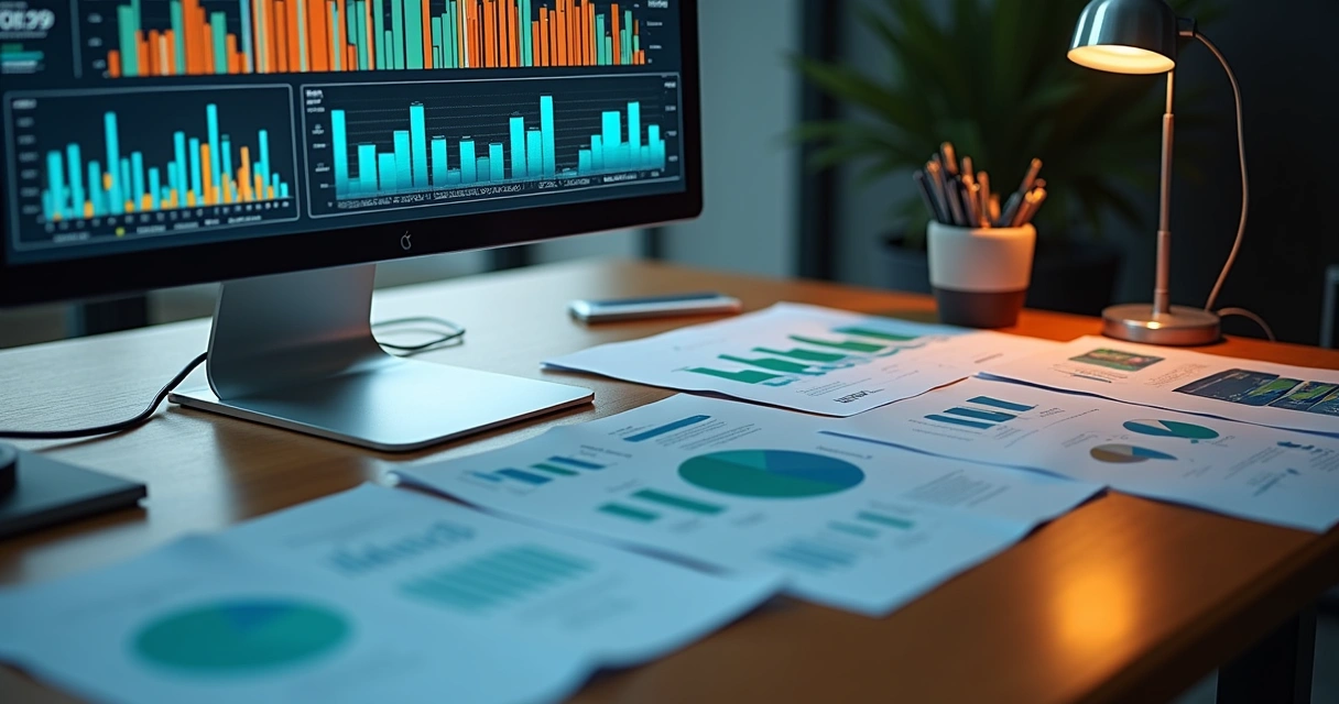 Gráfico com dados de clientes em tela de computador, mesa e papéis ao redor 