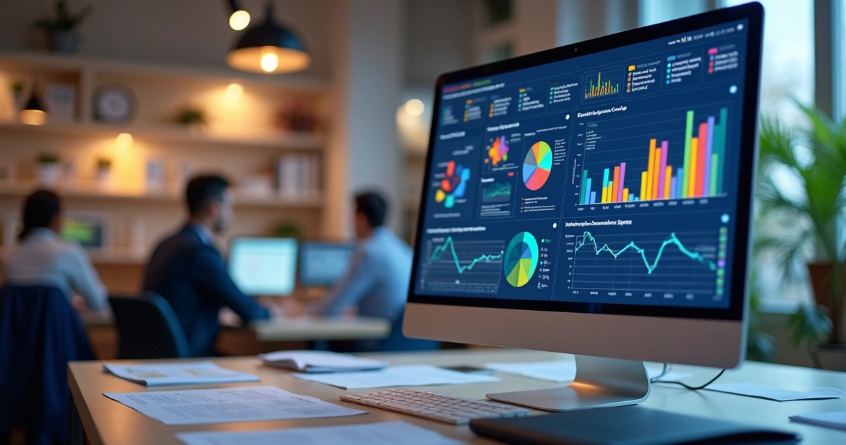 Painel digital com gráficos de desempenho financeiro em ambiente de escritório contábil 