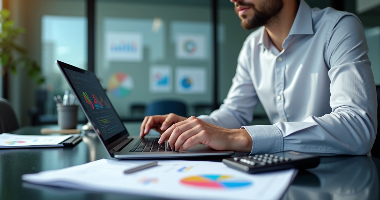 Profissional de contabilidade analisando dados e gráficos em um notebook na mesa de trabalho com ambiente moderno 