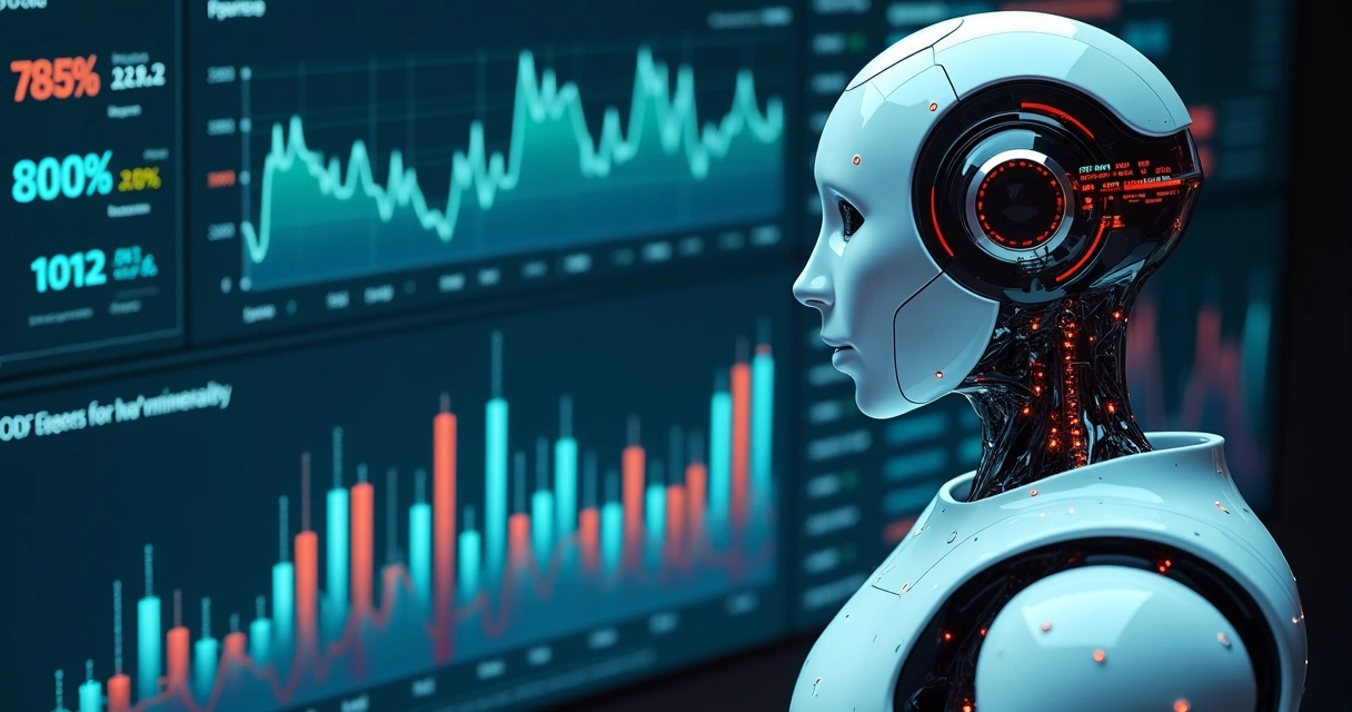 Dashboard digital com gráficos financeiros e robô analisando dados 