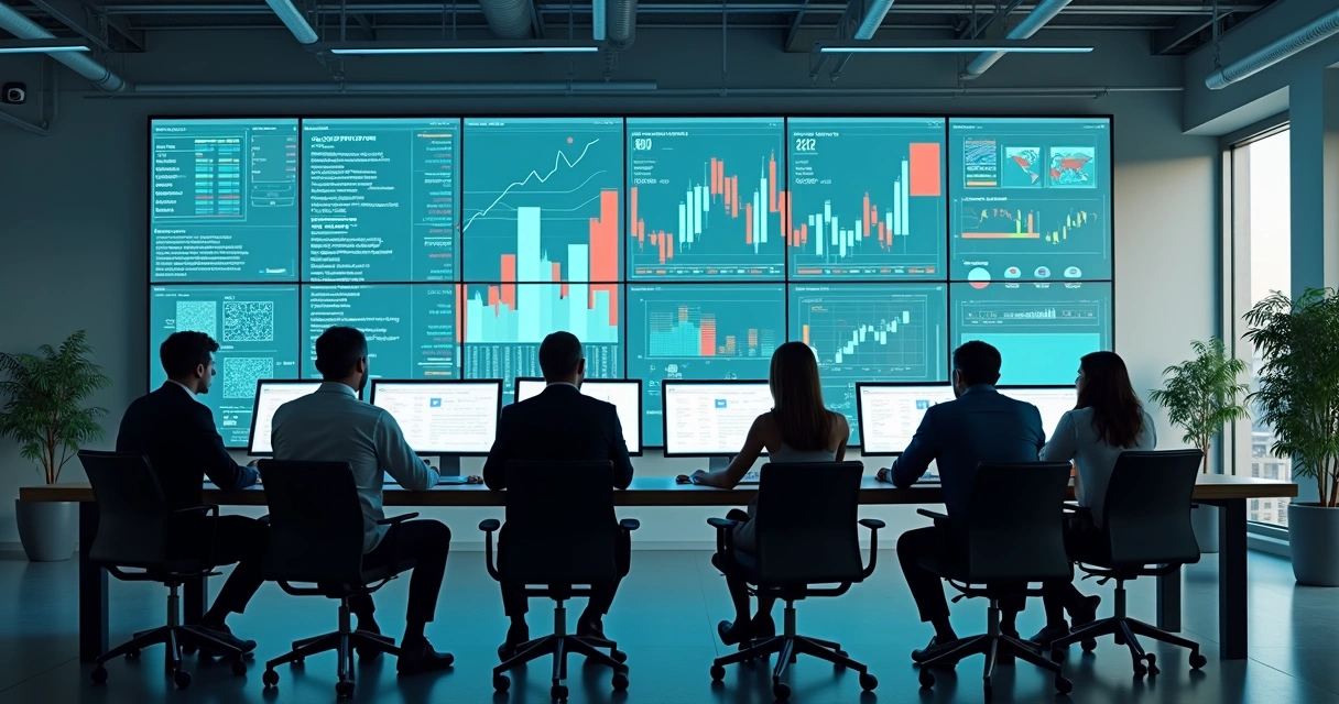 Reunião de contadores analisando gráficos em grande monitor 