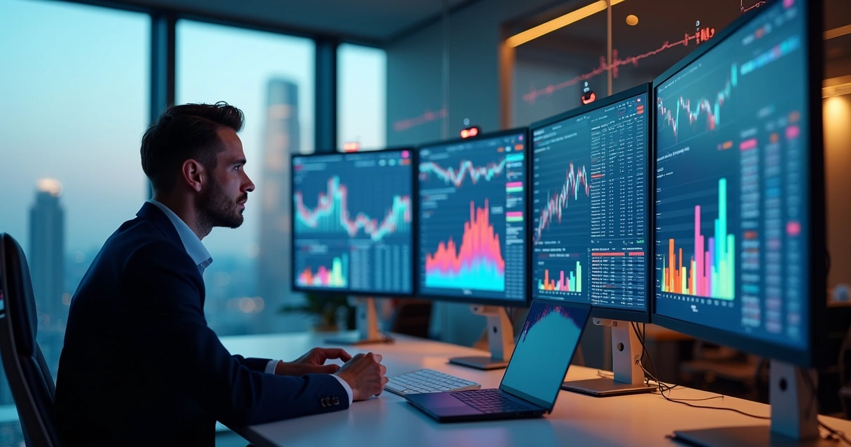 Executivo analisando gráficos de dados corporativos em computador e painéis digitais 