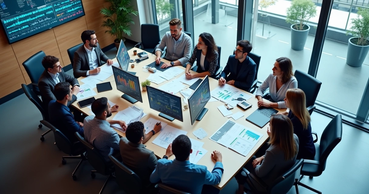 Equipe analisando dados empresariais em monitores 
