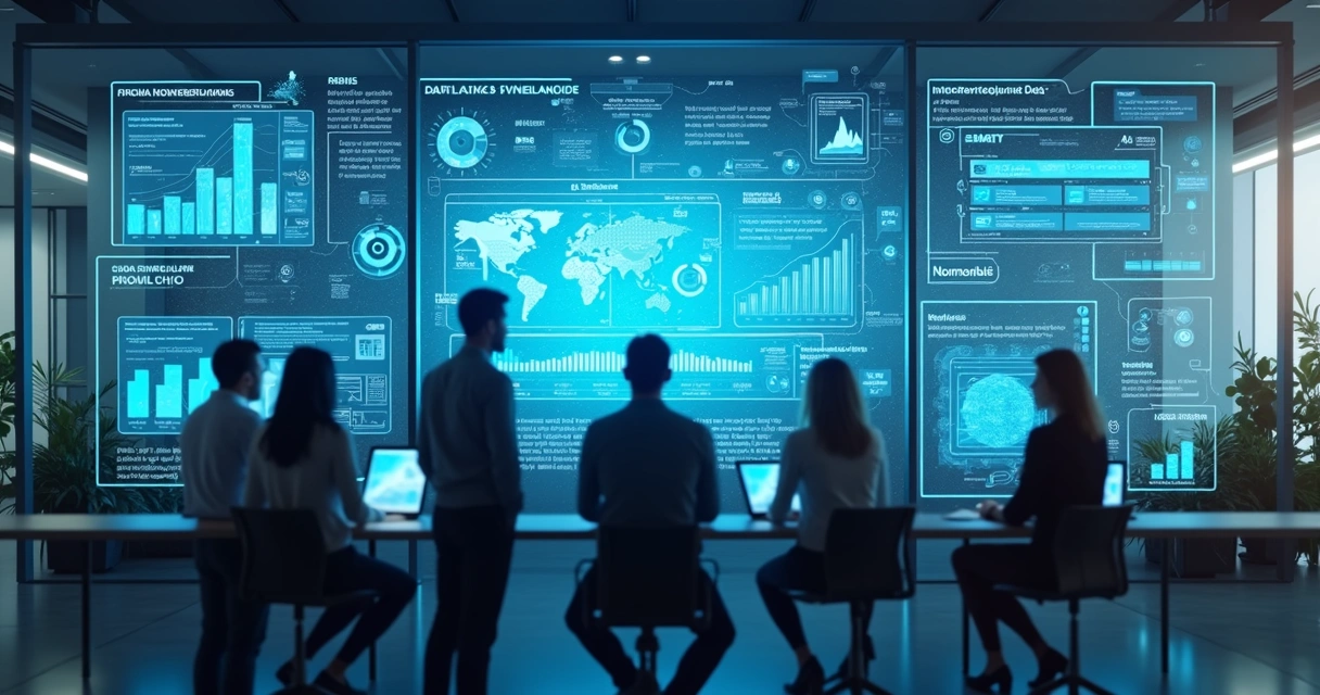 Profissionais analisando painéis de dados modernos 