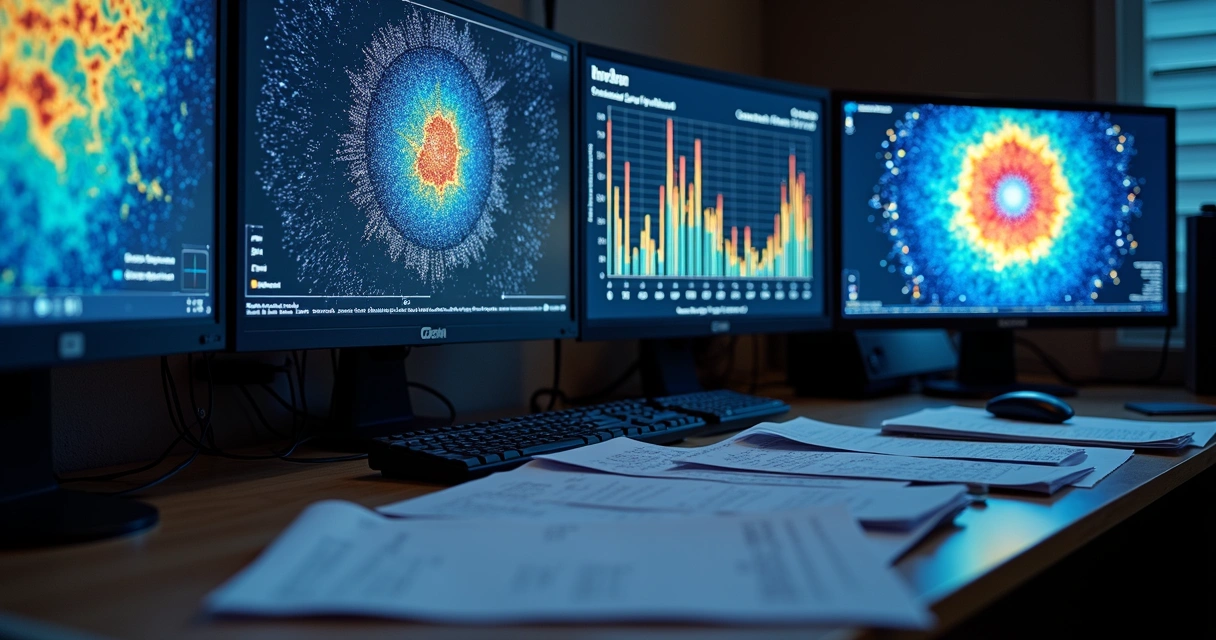 Tela com gráficos e análises de dados astronômicos.