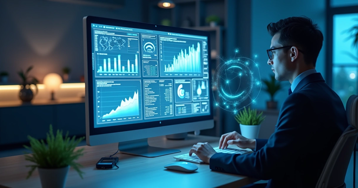 Tela de computador exibindo gráficos de análise de dados financeiros com fundo de escritório moderno e tecnologia avançada 