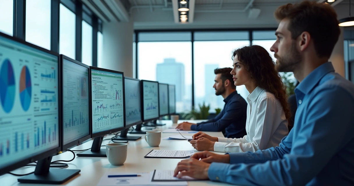Equipe de análise estudando gráfico de crédito e dados em múltiplos monitores 