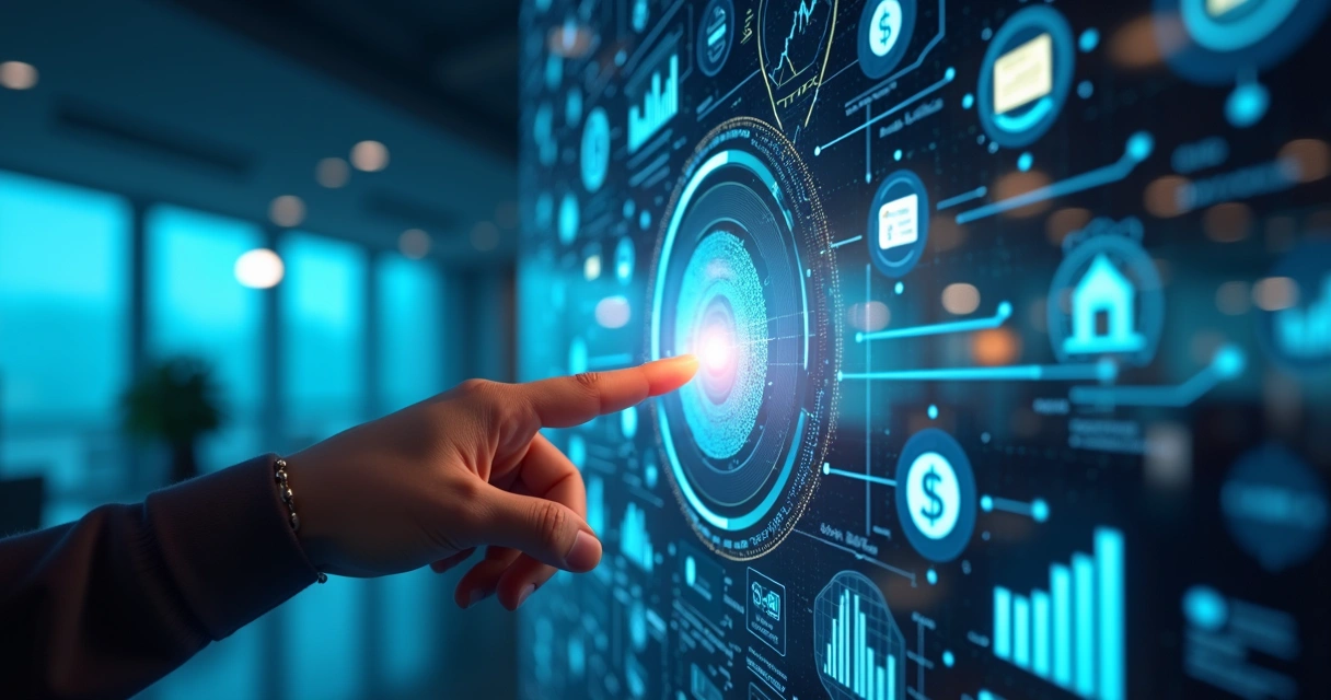 Computador com gráficos de análise de dados e ícones financeiros em fundo moderno 