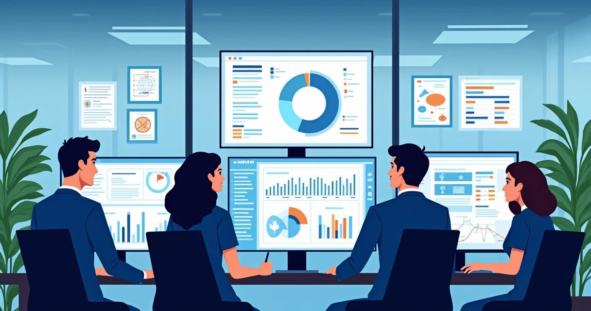 Equipe analisando dados de CRM em telas grandes