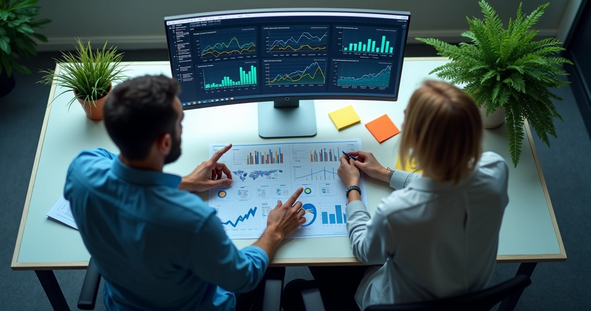 Gráfico de análise de dados coloridos em tela de computador e pessoas analisando números