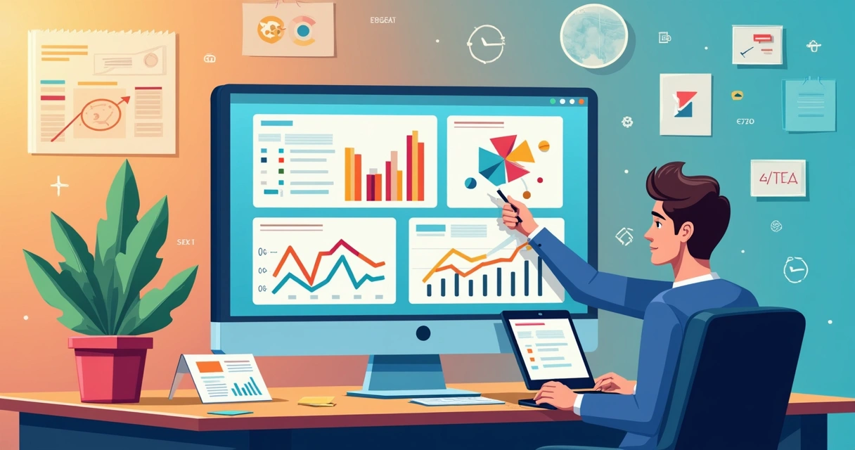 Análise visual de dados em landing page, com heatmaps e gráficos coloridos na tela de computador 